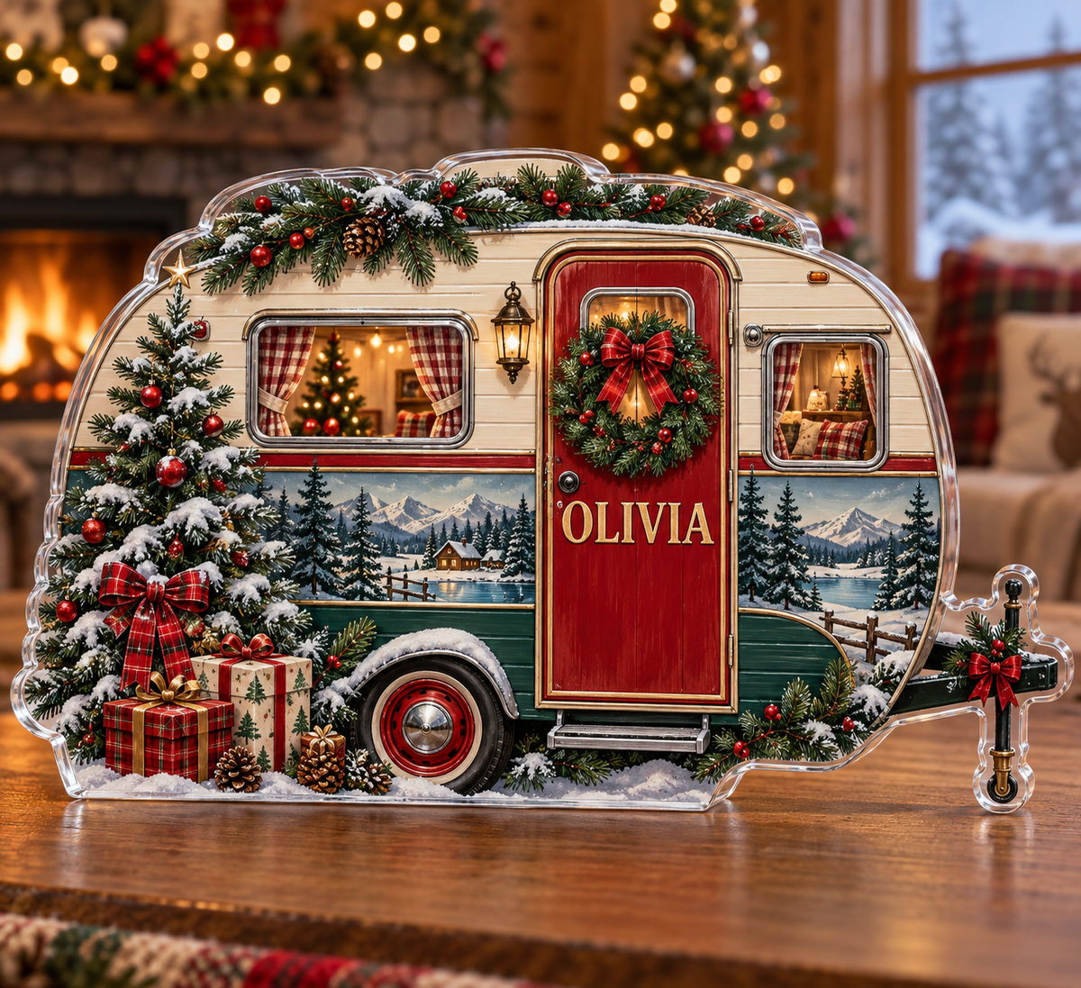 Artwork visualization: Christmas camper — family matching holiday, personalized OLIVIA, subject-shaped acrylic with printed optical 3D depth; not carved relief.