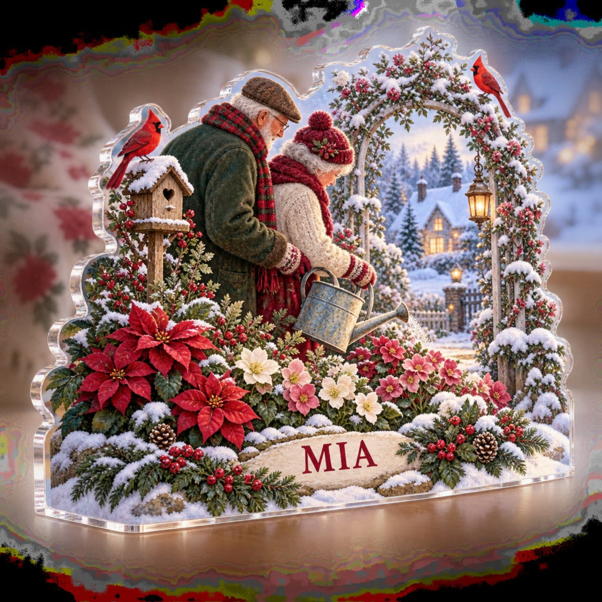 Personalized Grandparents Holiday Garden Winter Sofa Decoration custom shape acrylic plaque with an example name set into the artwork, digital preview