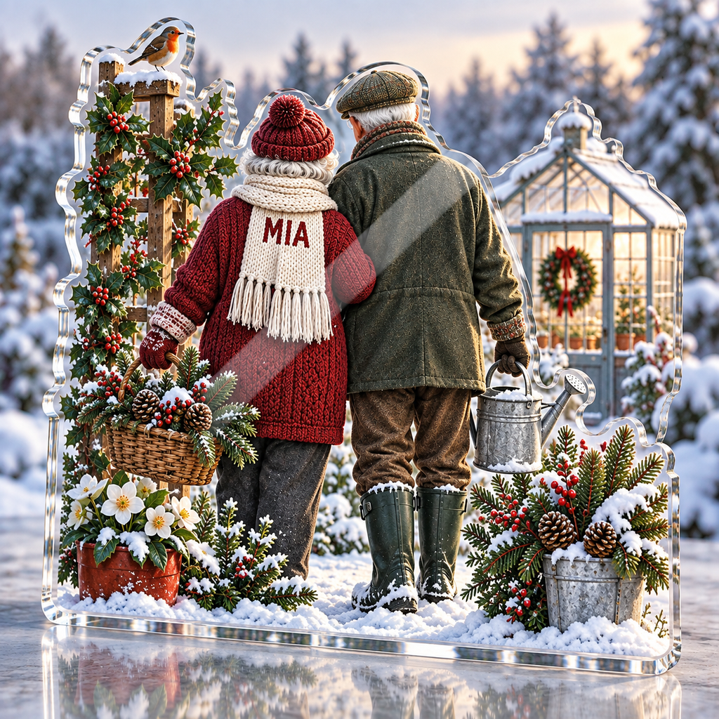 Artwork visualization: Grandparents holiday garden — host holiday gift, personalized MIA, subject-shaped acrylic with printed optical 3D depth; not carved relief.