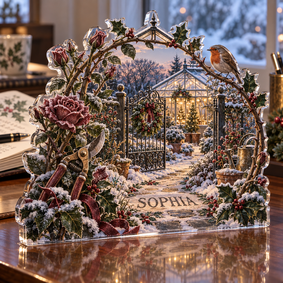 Artwork visualization: Grandparents holiday garden — office winter desk, personalized SOPHIA, subject-shaped acrylic with printed optical 3D depth; not carved relief.