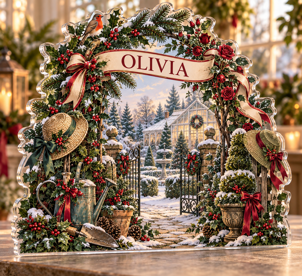 Artwork visualization: Grandparents holiday garden — family matching holiday, personalized OLIVIA, subject-shaped acrylic with printed optical 3D depth; not carved relief.