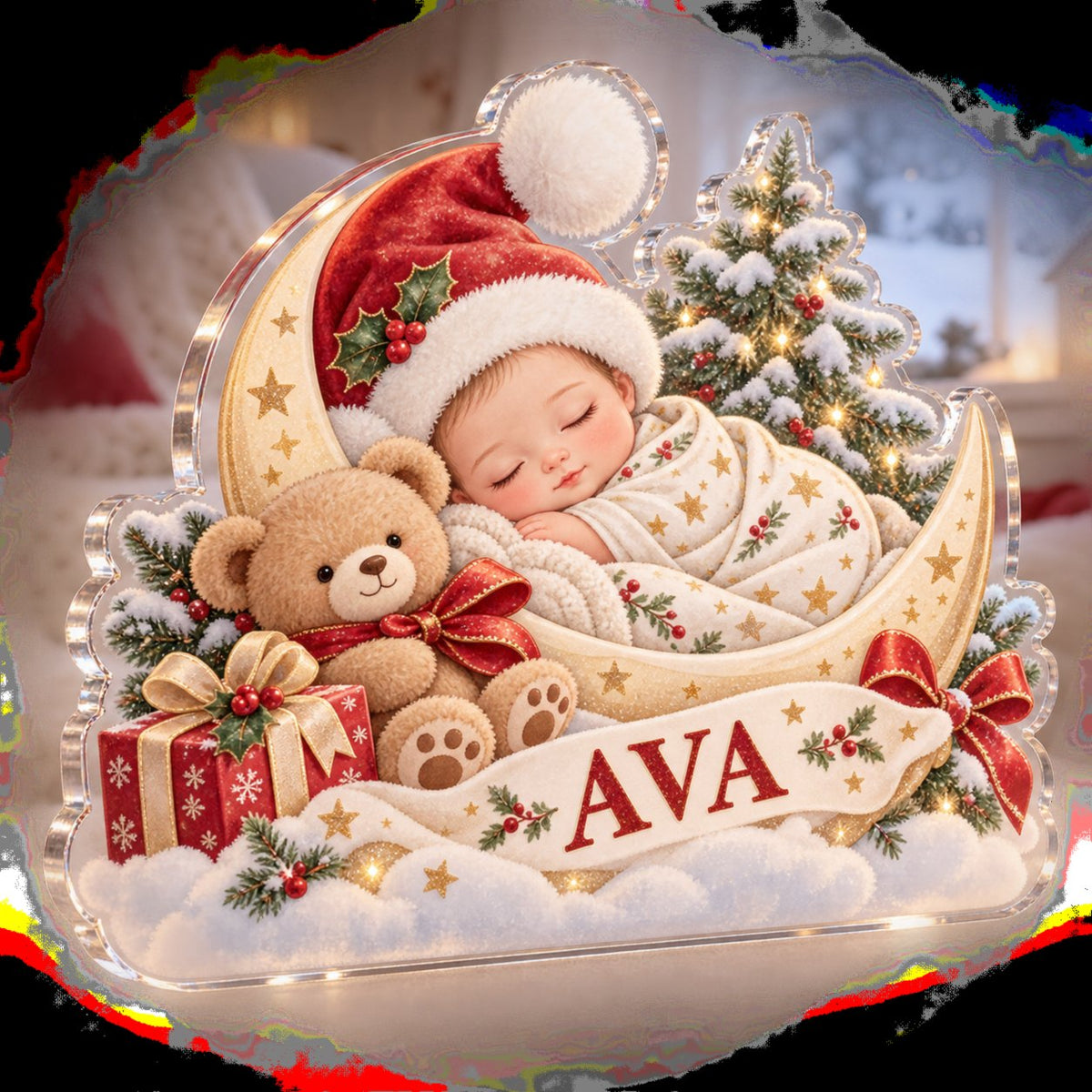 Personalized Baby First Christmas Keepsake Winter Sofa Decoration custom shape acrylic plaque with an example name set into the artwork, digital preview