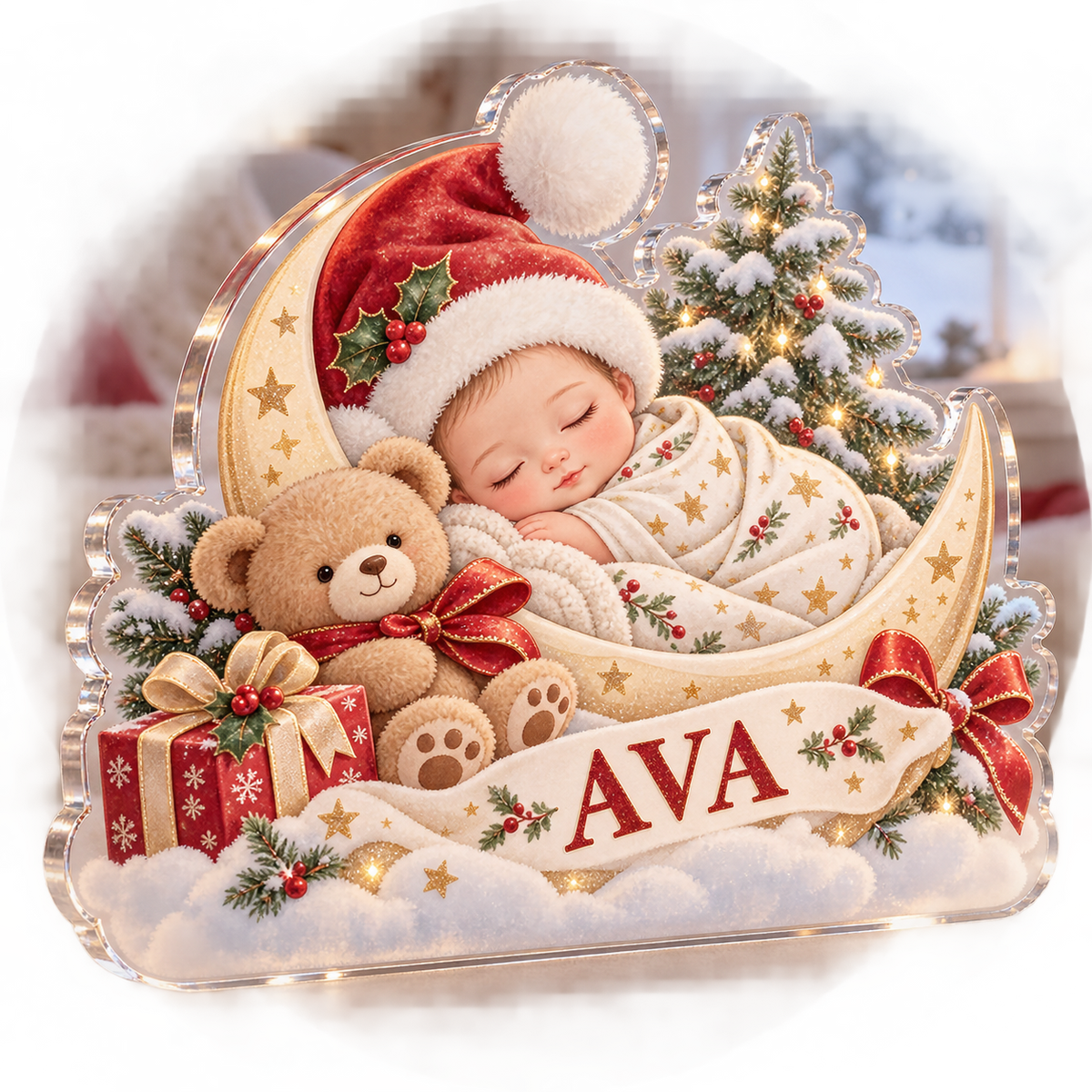 Artwork visualization: Baby first Christmas keepsake — winter sofa decoration, personalized AVA, subject-shaped acrylic with printed optical 3D depth; not carved relief.