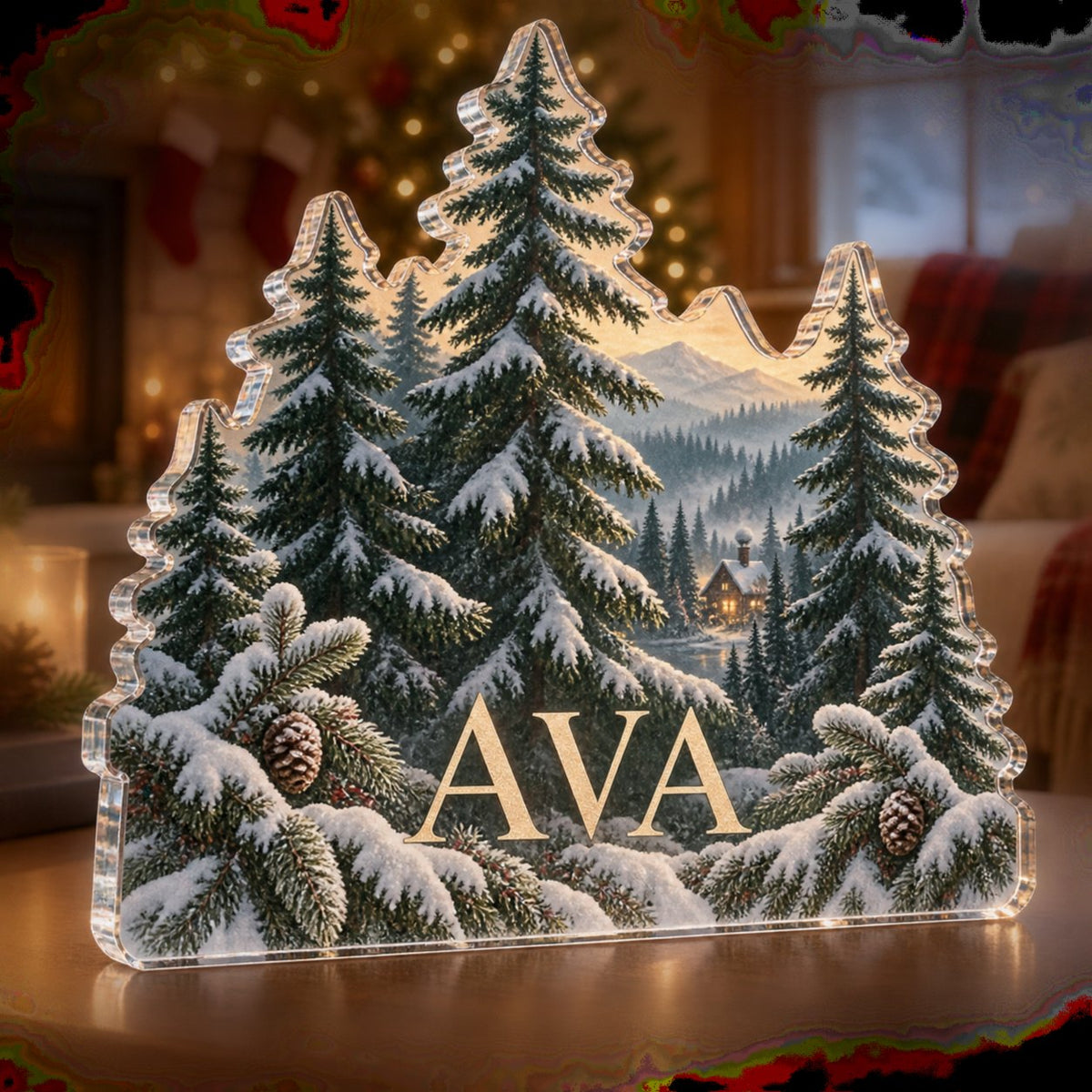 Personalized Minimal Evergreen Forest Family Christmas Keepsake custom shape acrylic plaque with an example name set into the artwork, digital preview