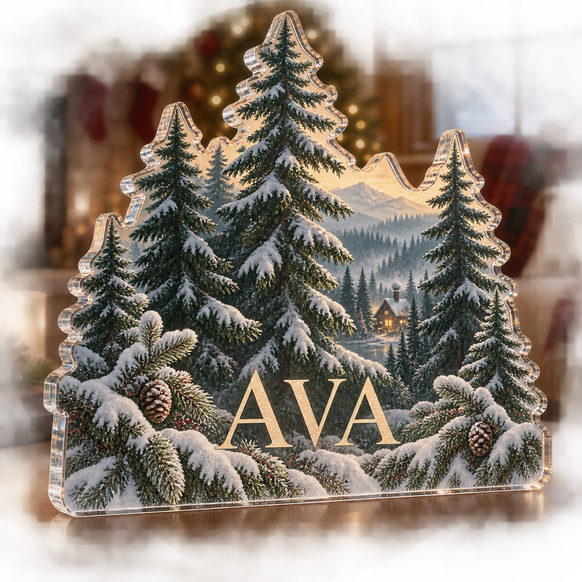 Artwork visualization: Minimal evergreen forest — family Christmas keepsake, personalized AVA, subject-shaped acrylic with printed optical 3D depth; not carved relief.