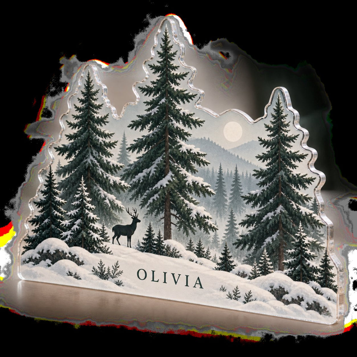 Personalized Minimal Evergreen Forest Winter Sofa Decoration custom shape acrylic plaque with an example name set into the artwork, digital preview