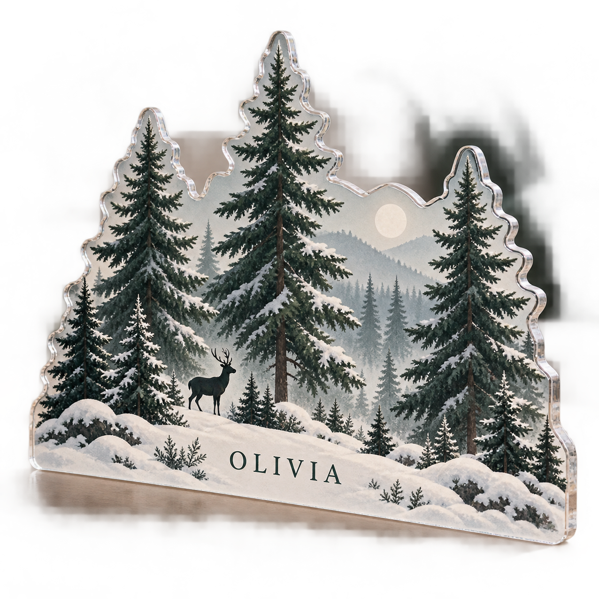 Artwork visualization: Minimal evergreen forest — winter sofa decoration, personalized OLIVIA, subject-shaped acrylic with printed optical 3D depth; not carved relief.
