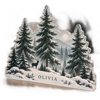 Artwork visualization: Minimal evergreen forest — winter sofa decoration, personalized OLIVIA, subject-shaped acrylic with printed optical 3D depth; not carved relief.