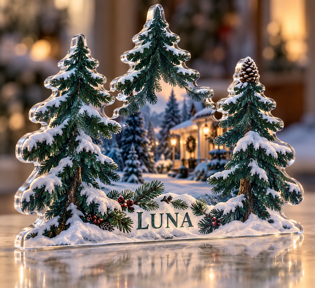 Artwork visualization: Minimal evergreen forest — holiday welcome display, personalized LUNA, subject-shaped acrylic with printed optical 3D depth; not carved relief.