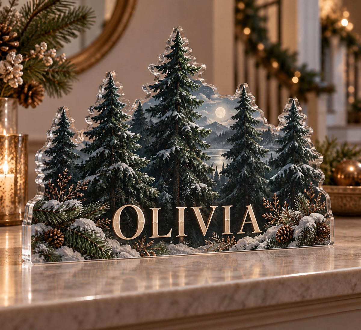 Artwork visualization: Minimal evergreen forest — host holiday gift, personalized OLIVIA, subject-shaped acrylic with printed optical 3D depth; not carved relief.