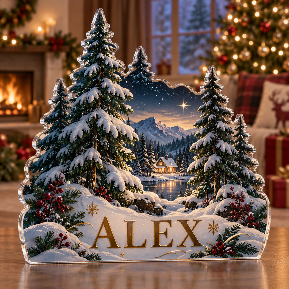 Artwork visualization: Minimal evergreen forest — family matching holiday, personalized ALEX, subject-shaped acrylic with printed optical 3D depth; not carved relief.