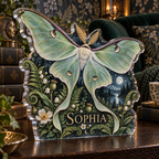 Artwork visualization: Luna moth botanicals — reading nook decor, personalized SOPHIA, subject-shaped acrylic with printed optical 3D depth; not carved relief.
