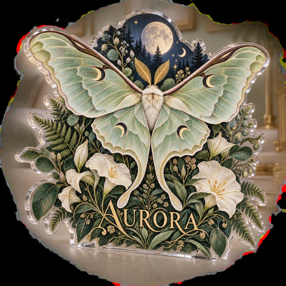 Personalized Luna Moth Botanicals Bedroom Statement Decor custom shape acrylic plaque with an example name set into the artwork, digital preview