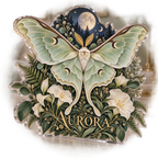 Artwork visualization: Luna moth botanicals — bedroom statement decor, personalized AURORA, subject-shaped acrylic with printed optical 3D depth; not carved relief.