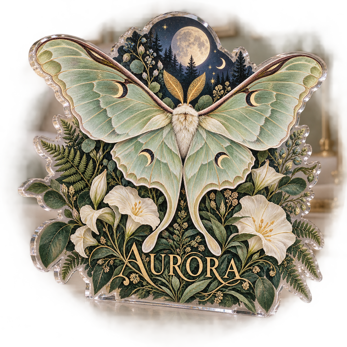 Artwork visualization: Luna moth botanicals — bedroom statement decor, personalized AURORA, subject-shaped acrylic with printed optical 3D depth; not carved relief.