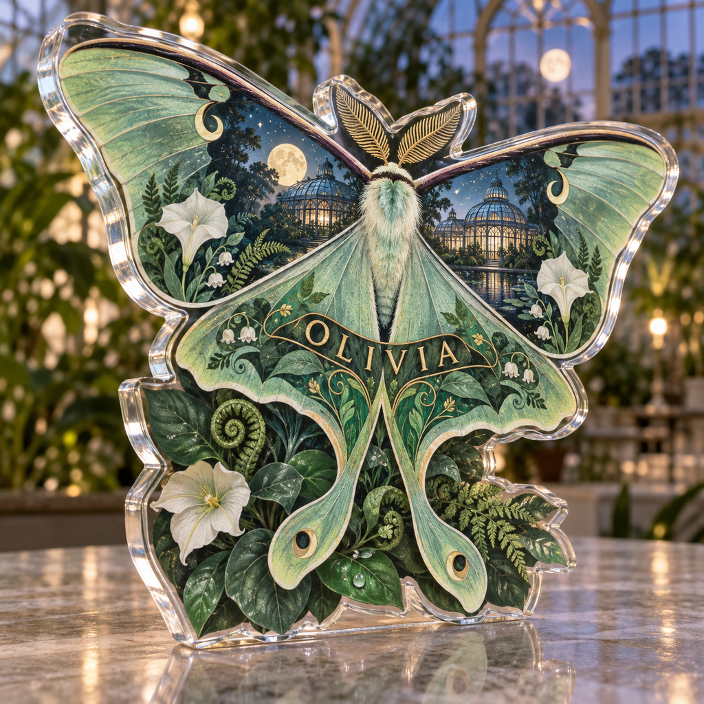Artwork visualization: Luna moth botanicals — personalized housewarming, personalized OLIVIA, subject-shaped acrylic with printed optical 3D depth; not carved relief.