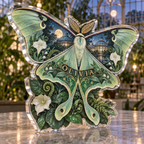 Artwork visualization: Luna moth botanicals — personalized housewarming, personalized OLIVIA, subject-shaped acrylic with printed optical 3D depth; not carved relief.