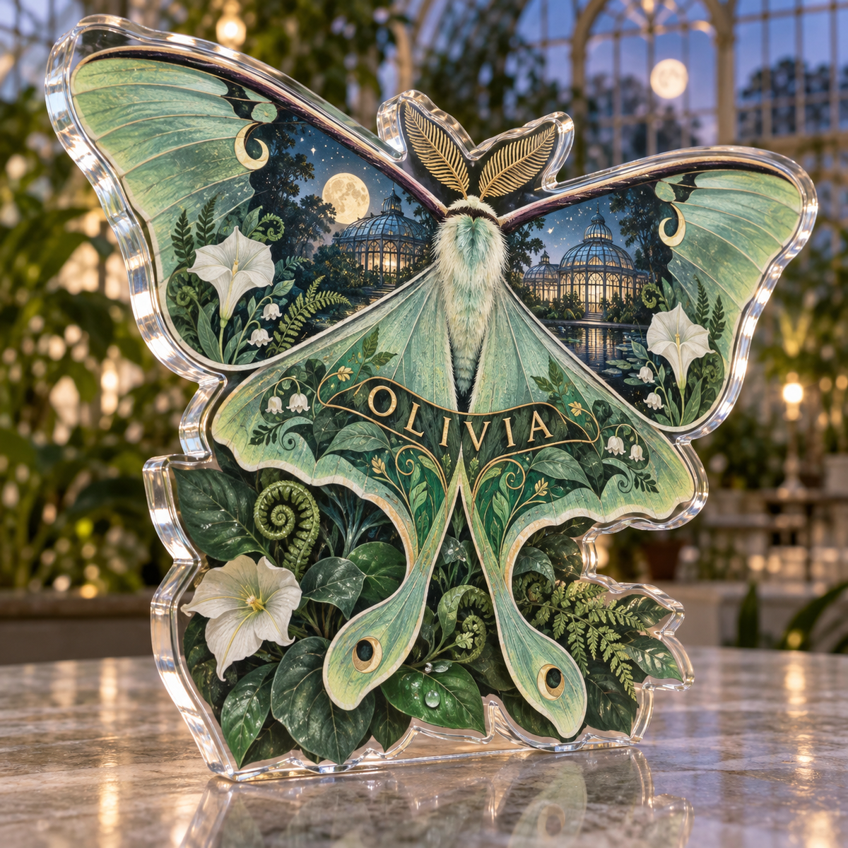 Artwork visualization: Luna moth botanicals — personalized housewarming, personalized OLIVIA, subject-shaped acrylic with printed optical 3D depth; not carved relief.
