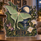 Artwork visualization: Luna moth botanicals — apartment gallery wall, personalized LILY, subject-shaped acrylic with printed optical 3D depth; not carved relief.