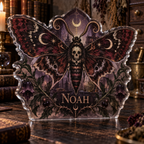 Artwork visualization: Gothic moth alchemy — reading nook decor, personalized NOAH, subject-shaped acrylic with printed optical 3D depth; not carved relief.