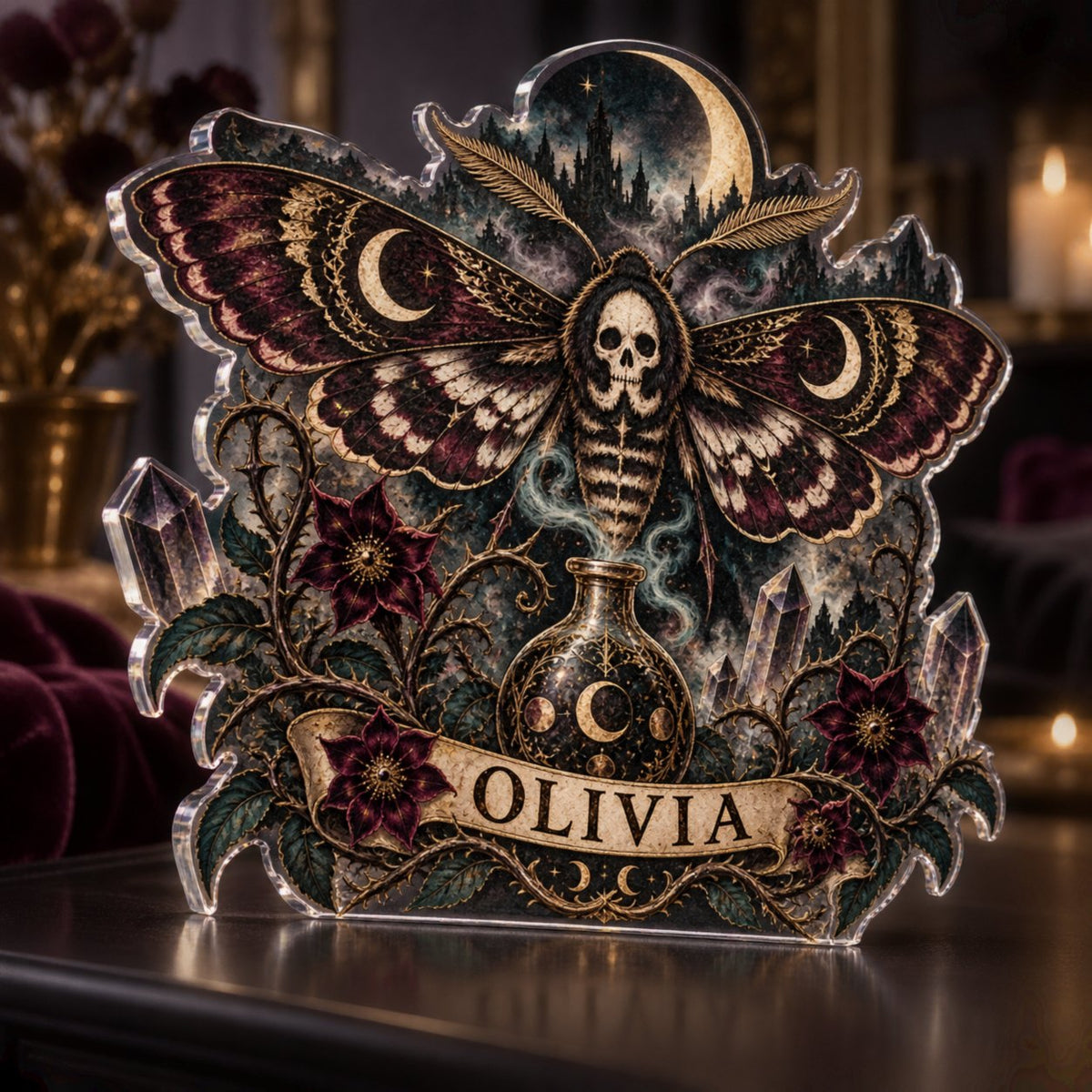 Personalized Gothic Moth Alchemy Bedroom Statement Decor custom shape acrylic plaque with an example name set into the artwork, digital preview