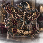 Artwork visualization: Gothic moth alchemy — bedroom statement decor, personalized OLIVIA, subject-shaped acrylic with printed optical 3D depth; not carved relief.