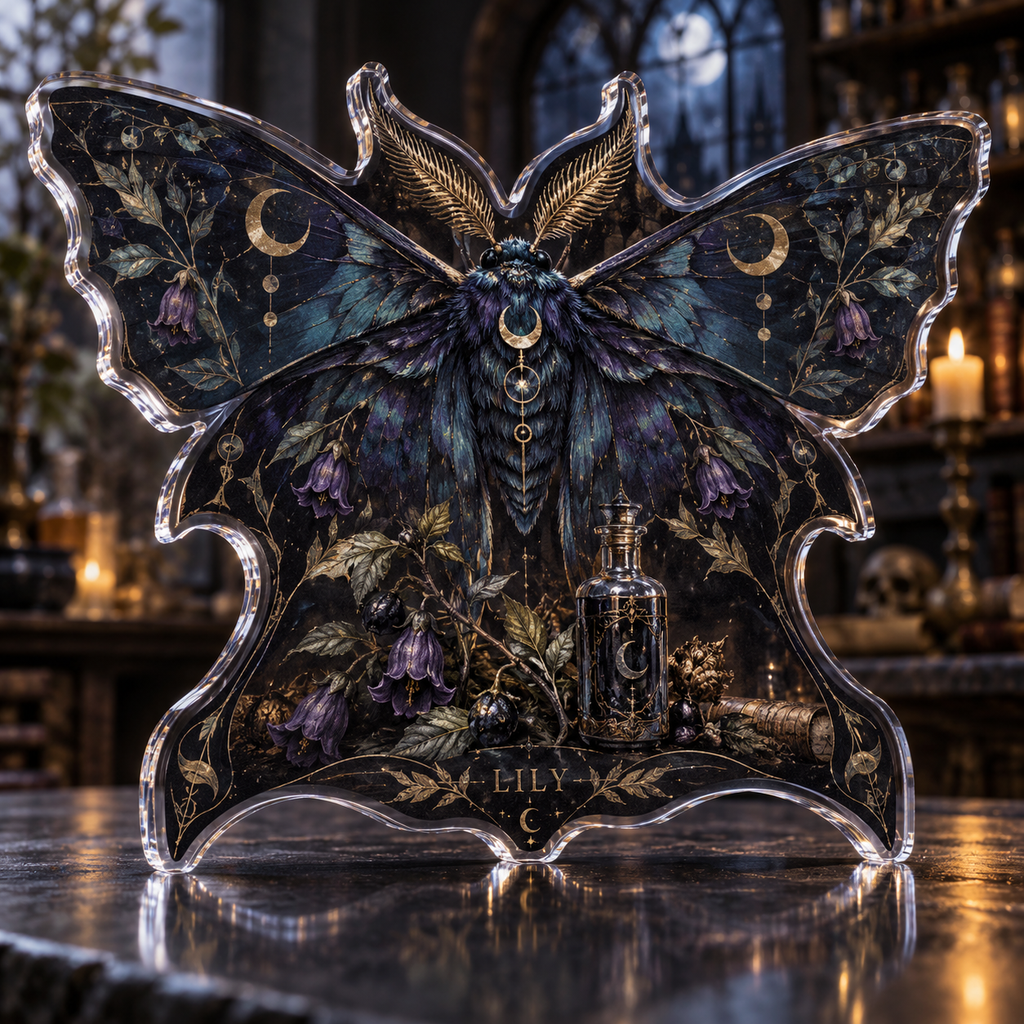 Artwork visualization: Gothic moth alchemy — living room focal point, personalized LILY, subject-shaped acrylic with printed optical 3D depth; not carved relief.