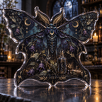 Artwork visualization: Gothic moth alchemy — living room focal point, personalized LILY, subject-shaped acrylic with printed optical 3D depth; not carved relief.