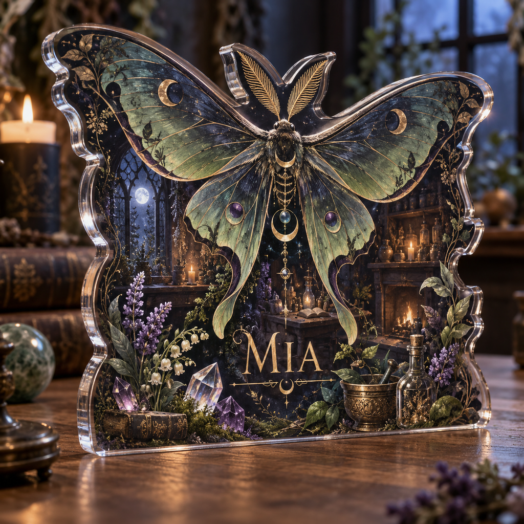 Artwork visualization: Gothic moth alchemy — personalized housewarming, personalized MIA, subject-shaped acrylic with printed optical 3D depth; not carved relief.