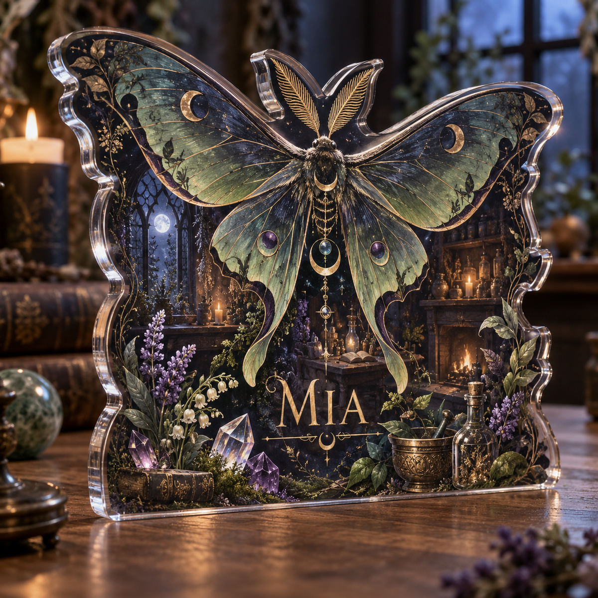 Artwork visualization: Gothic moth alchemy — personalized housewarming, personalized MIA, subject-shaped acrylic with printed optical 3D depth; not carved relief.