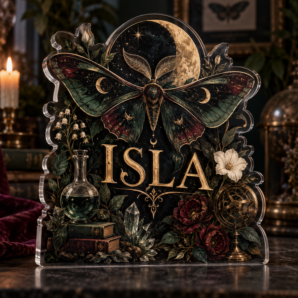 Artwork visualization: Gothic moth alchemy — apartment gallery wall, personalized ISLA, subject-shaped acrylic with printed optical 3D depth; not carved relief.
