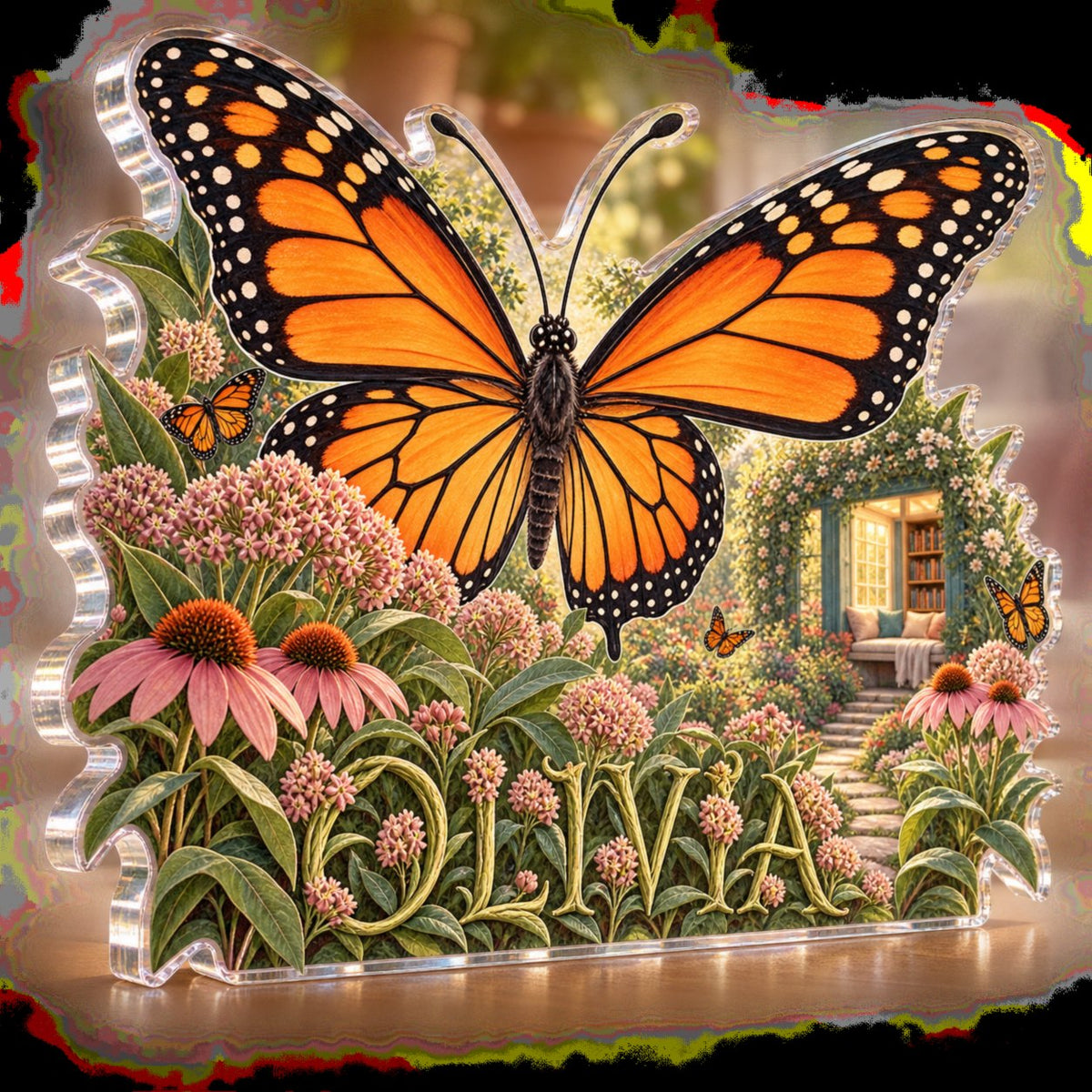 Personalized Monarch Butterfly Garden Reading Nook Decor custom shape acrylic plaque with an example name set into the artwork, digital preview