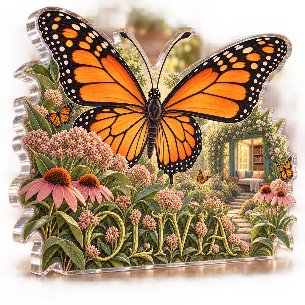 Artwork visualization: Monarch butterfly garden — reading nook decor, personalized OLIVIA, subject-shaped acrylic with printed optical 3D depth; not carved relief.