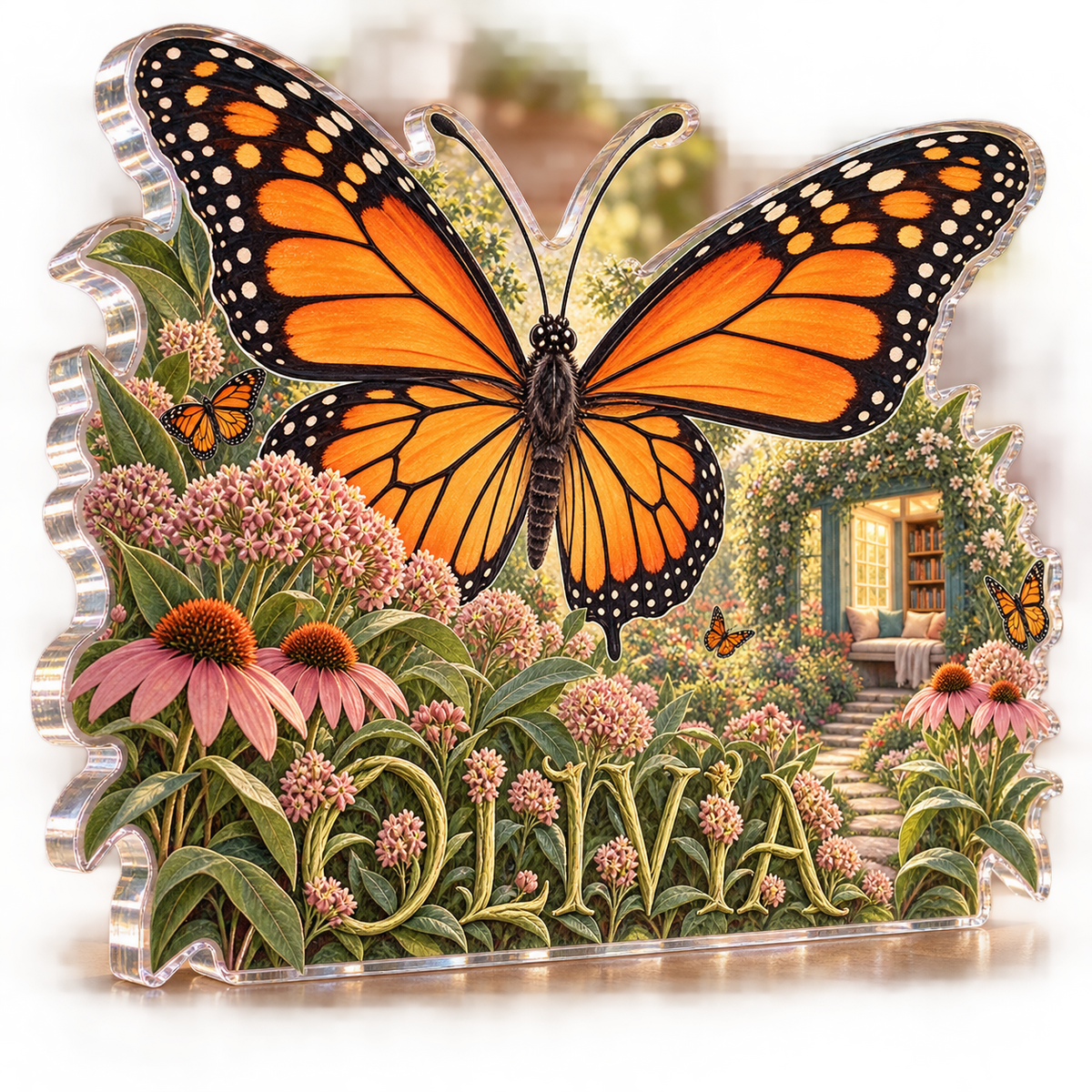 Artwork visualization: Monarch butterfly garden — reading nook decor, personalized OLIVIA, subject-shaped acrylic with printed optical 3D depth; not carved relief.