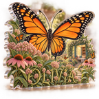 Artwork visualization: Monarch butterfly garden — reading nook decor, personalized OLIVIA, subject-shaped acrylic with printed optical 3D depth; not carved relief.