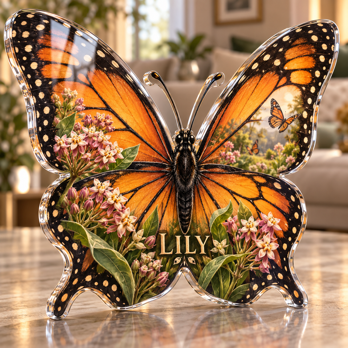 Artwork visualization: Monarch butterfly garden — living room focal point, personalized LILY, subject-shaped acrylic with printed optical 3D depth; not carved relief.