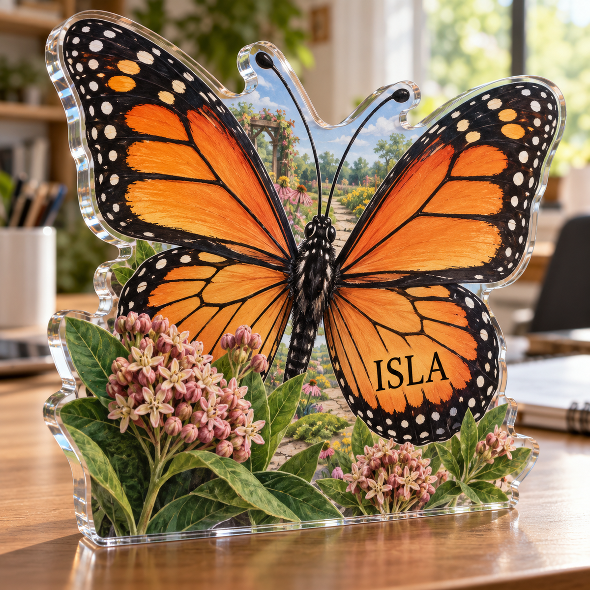 Artwork visualization: Monarch butterfly garden — home office backdrop, personalized ISLA, subject-shaped acrylic with printed optical 3D depth; not carved relief.