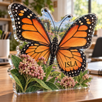 Artwork visualization: Monarch butterfly garden — home office backdrop, personalized ISLA, subject-shaped acrylic with printed optical 3D depth; not carved relief.