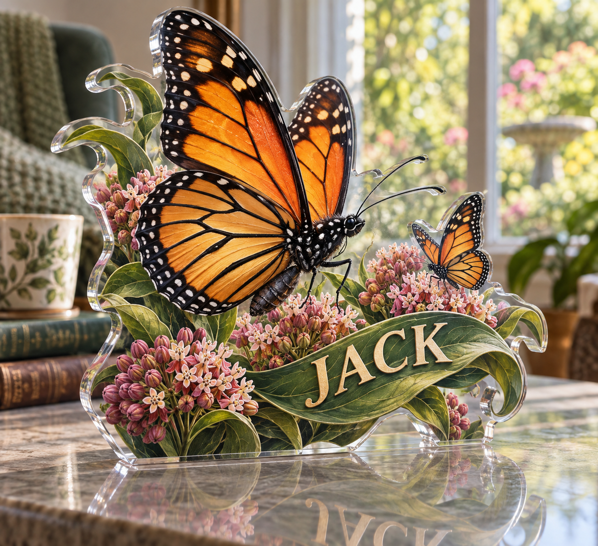 Artwork visualization: Monarch butterfly garden — quiet corner decoration, personalized JACK, subject-shaped acrylic with printed optical 3D depth; not carved relief.