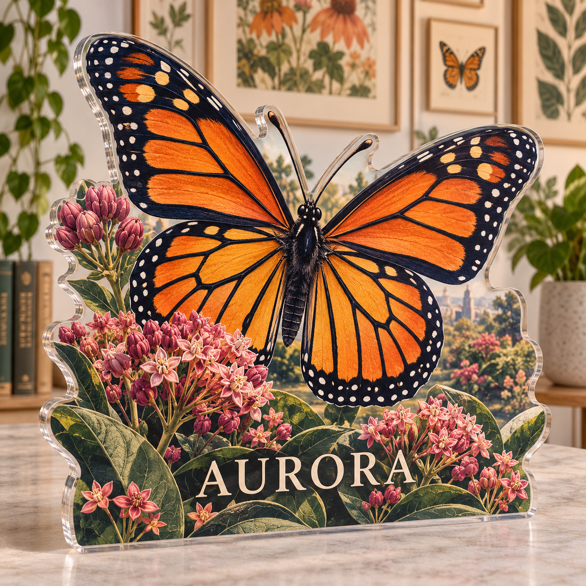 Artwork visualization: Monarch butterfly garden — apartment gallery wall, personalized AURORA, subject-shaped acrylic with printed optical 3D depth; not carved relief.