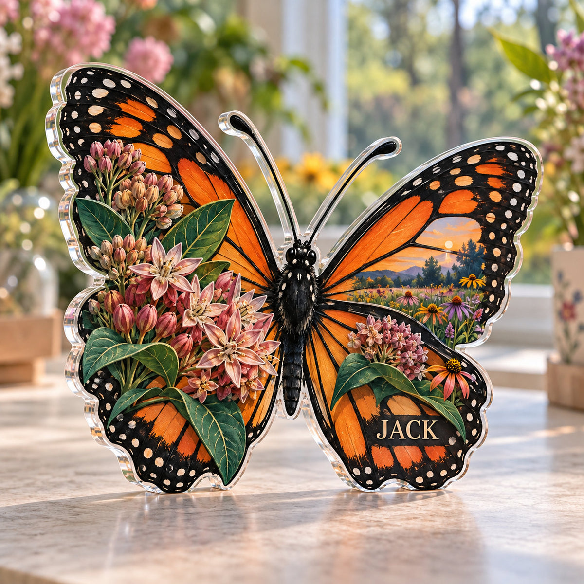 Personalized acrylic plaque with an example name set into the artwork, digital preview