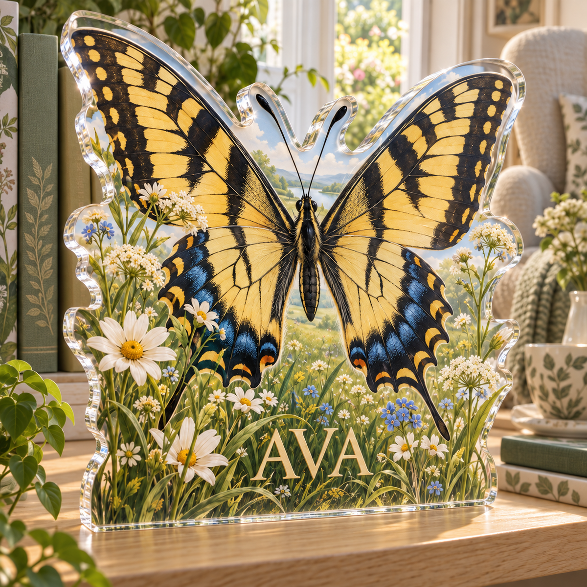 Artwork visualization: Swallowtail butterfly — reading nook decor, personalized AVA, subject-shaped acrylic with printed optical 3D depth; not carved relief.