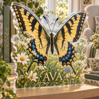 Artwork visualization: Swallowtail butterfly — reading nook decor, personalized AVA, subject-shaped acrylic with printed optical 3D depth; not carved relief.