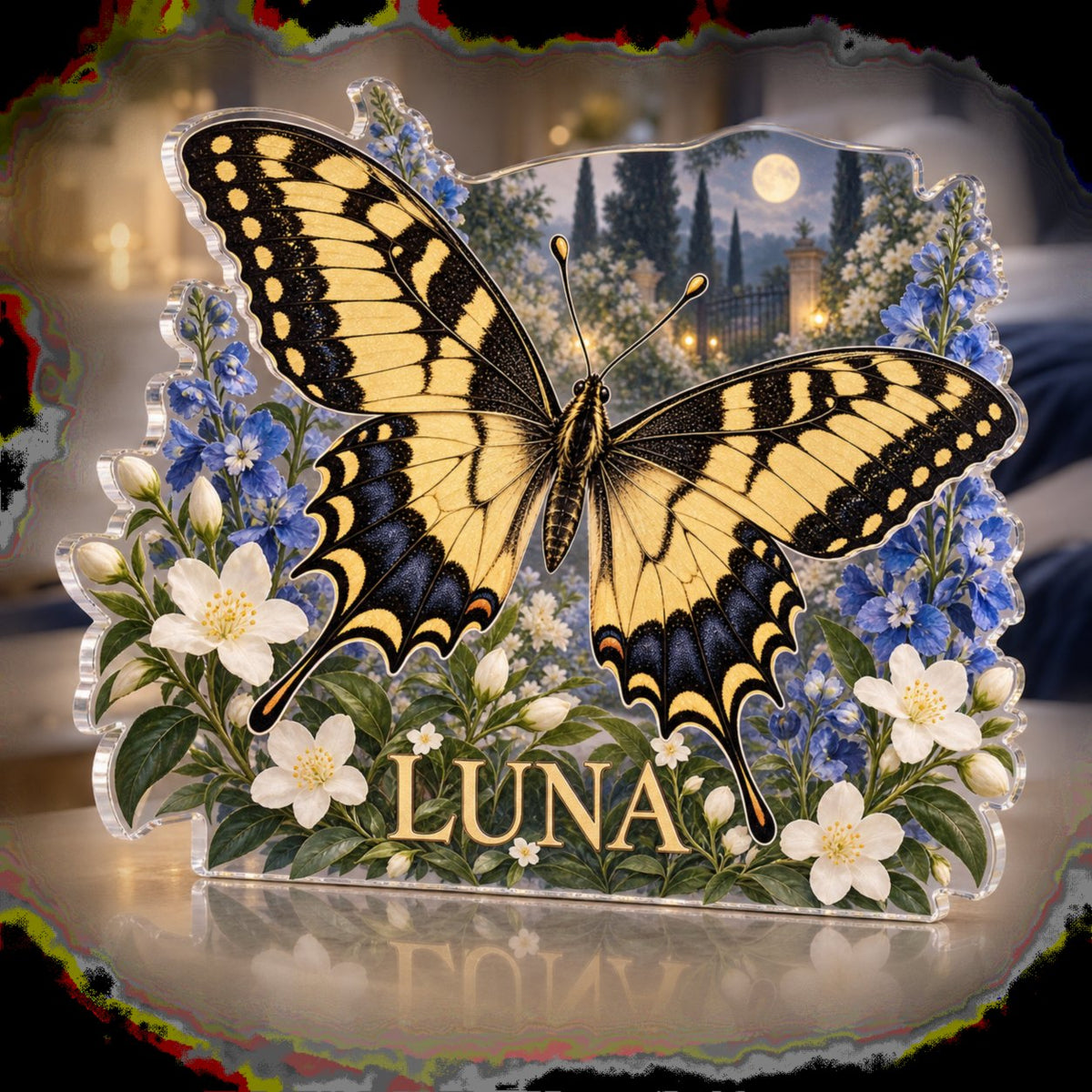 Personalized Swallowtail Butterfly Bedroom Statement Decor custom shape acrylic plaque with an example name set into the artwork, digital preview