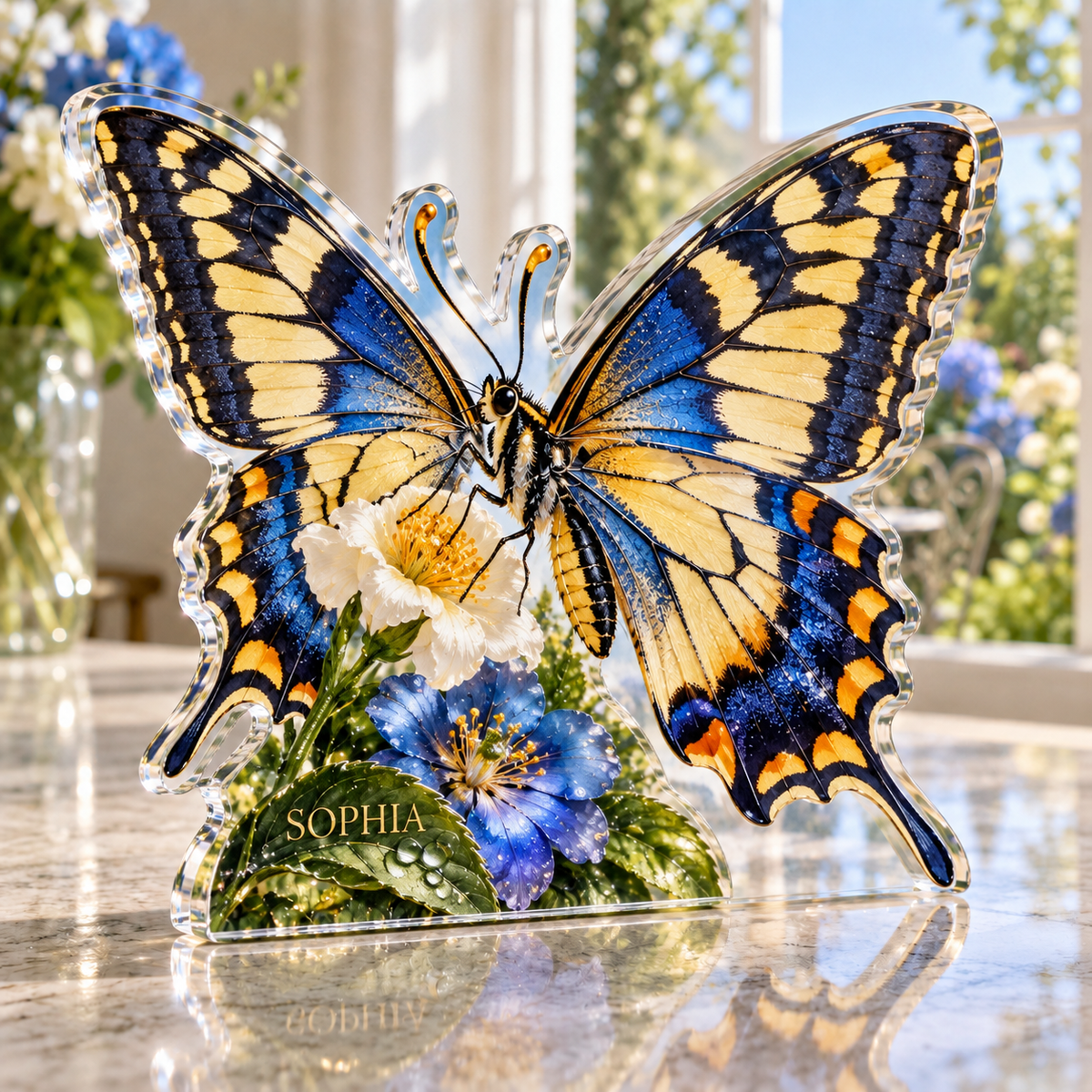 Artwork visualization: Swallowtail butterfly — living room focal point, personalized SOPHIA, subject-shaped acrylic with printed optical 3D depth; not carved relief.