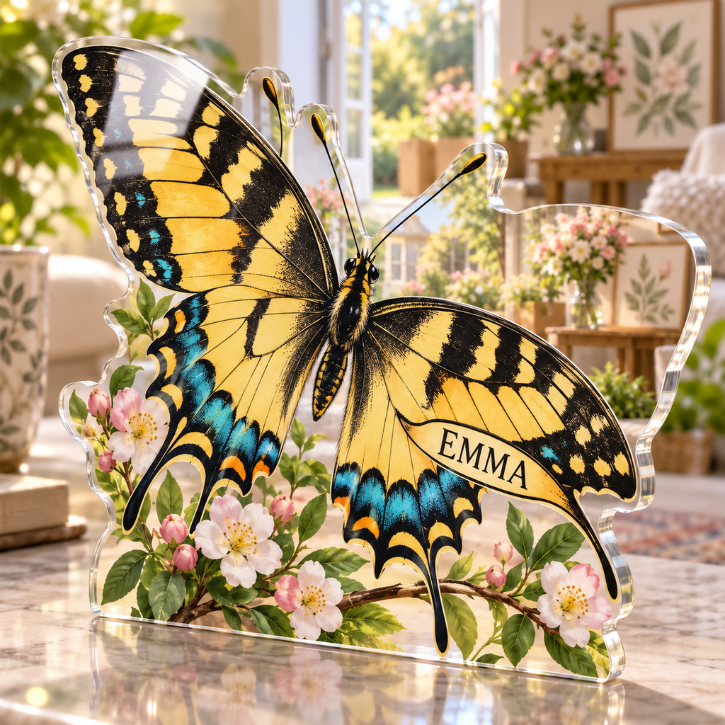 Artwork visualization: Swallowtail butterfly — personalized housewarming, personalized EMMA, subject-shaped acrylic with printed optical 3D depth; not carved relief.