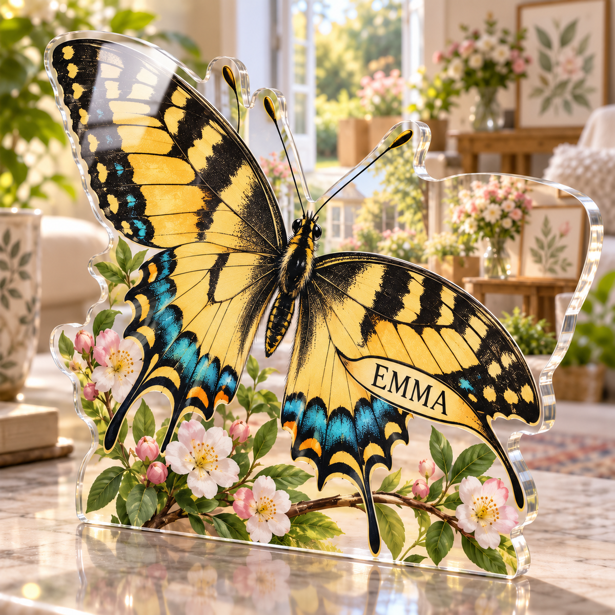 Artwork visualization: Swallowtail butterfly — personalized housewarming, personalized EMMA, subject-shaped acrylic with printed optical 3D depth; not carved relief.