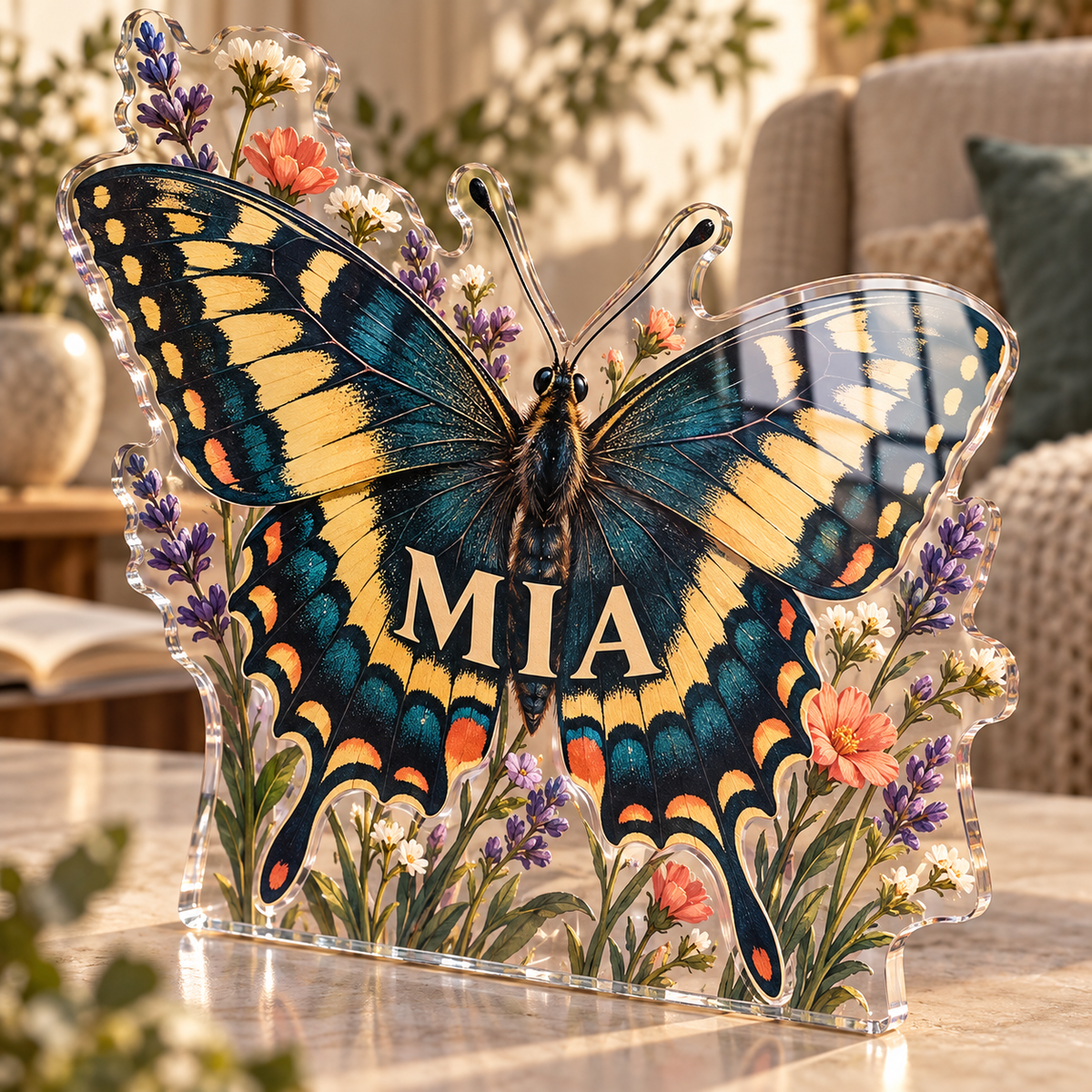 Artwork visualization: Swallowtail butterfly — quiet corner decoration, personalized MIA, subject-shaped acrylic with printed optical 3D depth; not carved relief.