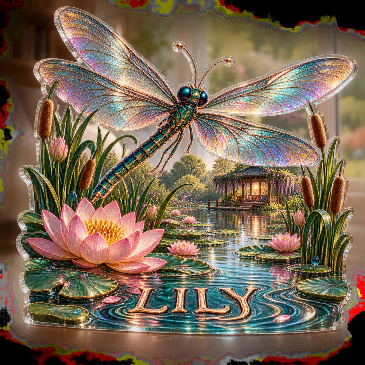 Personalized Dragonfly Pond Reading Nook Decor custom shape acrylic plaque with an example name set into the artwork, digital preview