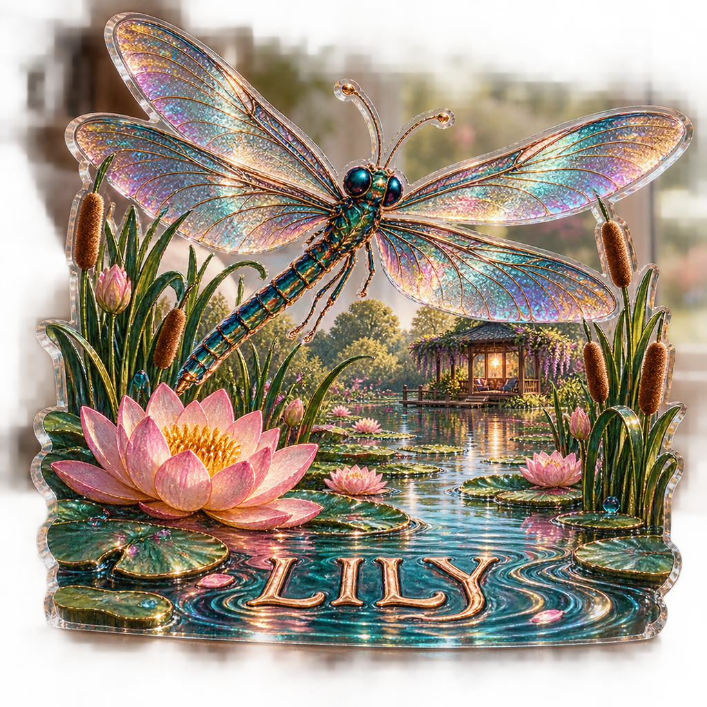 Artwork visualization: Dragonfly pond — reading nook decor, personalized LILY, subject-shaped acrylic with printed optical 3D depth; not carved relief.